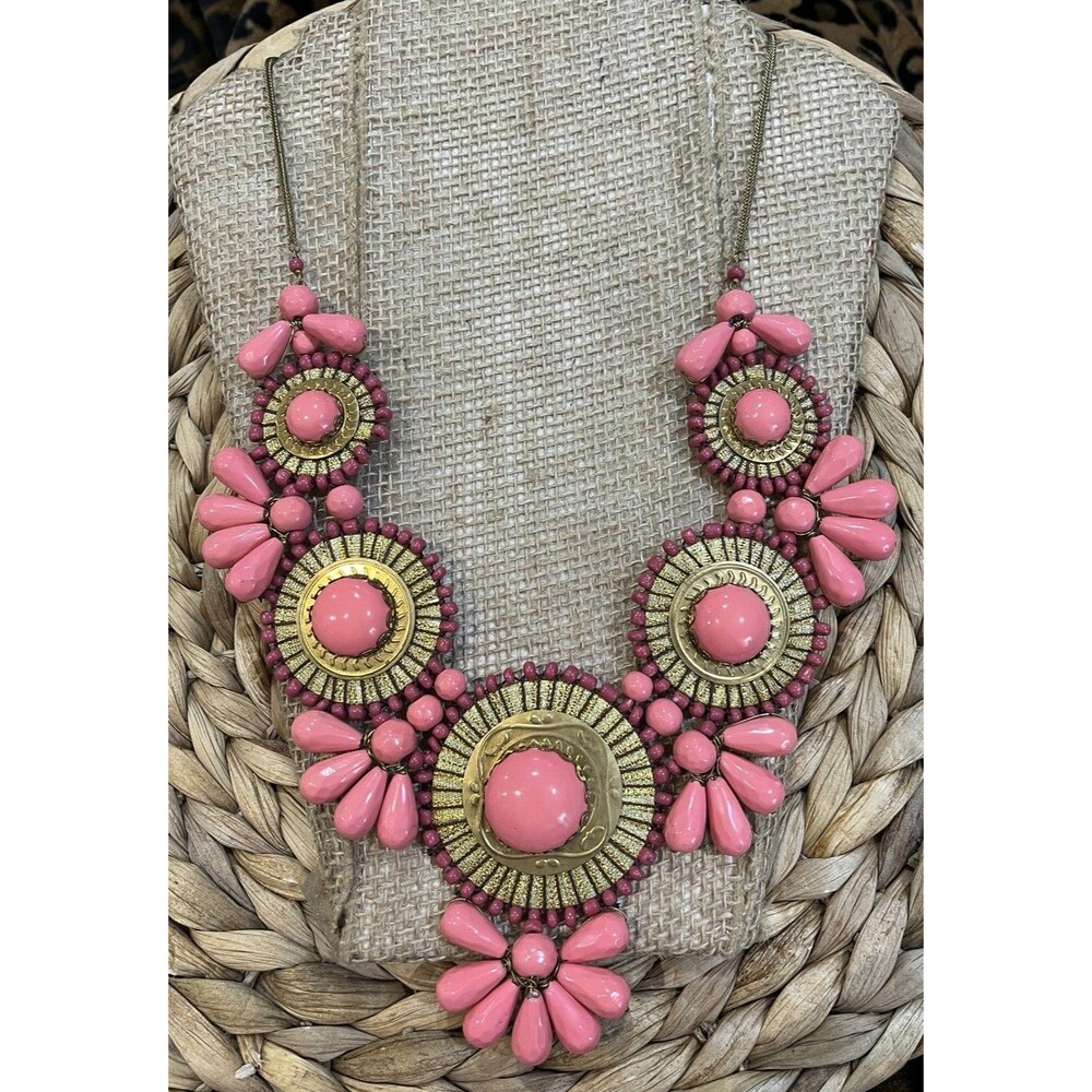 Vintage Green Bead Gold Stone Bib Statement Necklace Avant Garde Coquette